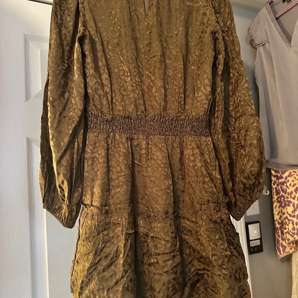 Joy Joy Olive Jacquard Leopard Smocked Waist Mini Dress Size Small NWOT - Picture 5 of 11